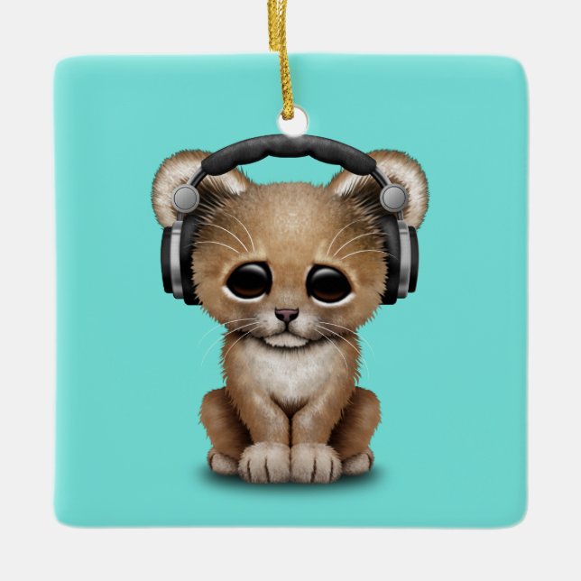 Cute Baby Lion Wearing Headphones Ceramic Ornament (Front)
