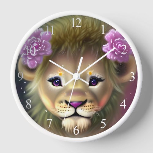 Cute Baby Lion with Pink Flowers Graphic  Clock