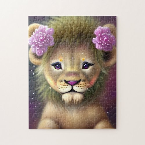 Cute Baby Lion with Pink Flowers Graphic  Jigsaw Puzzle