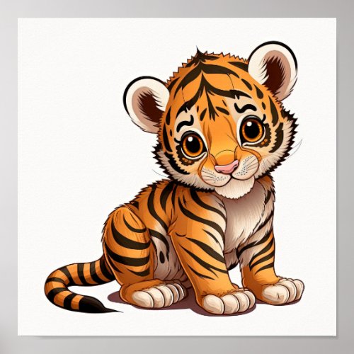 Cute baby little tiger sitting on white background poster