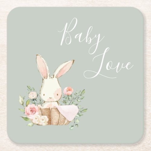 Cute Baby Love Bunny Rabbit Baby Shower Square Paper Coaster