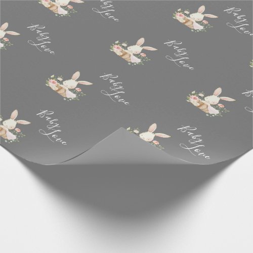 Cute Baby Love Script Gray Bunny Rabbit Shower Wrapping Paper
