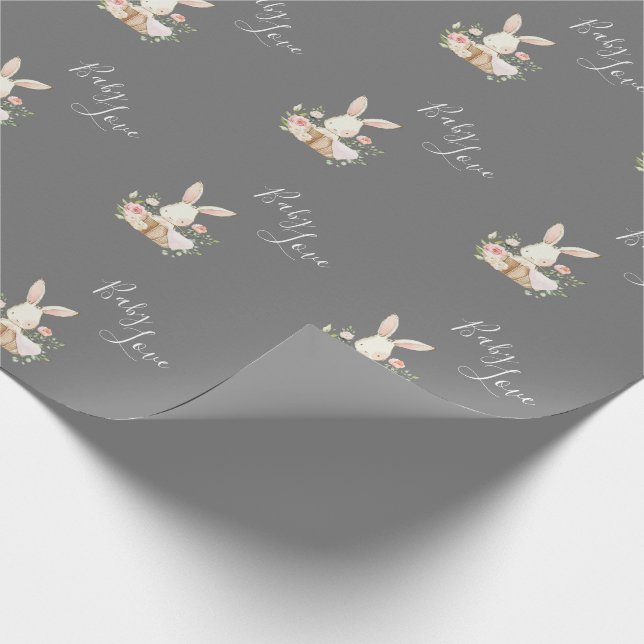 Cute Baby Love Script Gray Bunny Rabbit Shower Wrapping Paper (Corner)