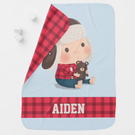 Cute Baby Lumberjack Boy and Teddy Bear Blanket