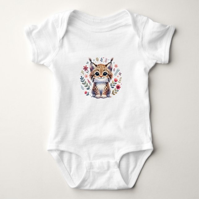 Cute Baby Lynx with Flowers Baby Bodysuit (Front)