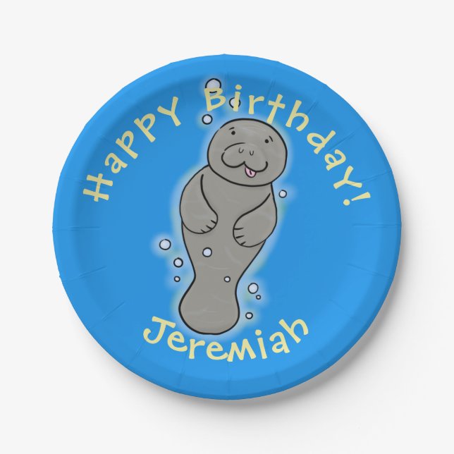 Cute baby manatee personalised birthday paper plates (Front)