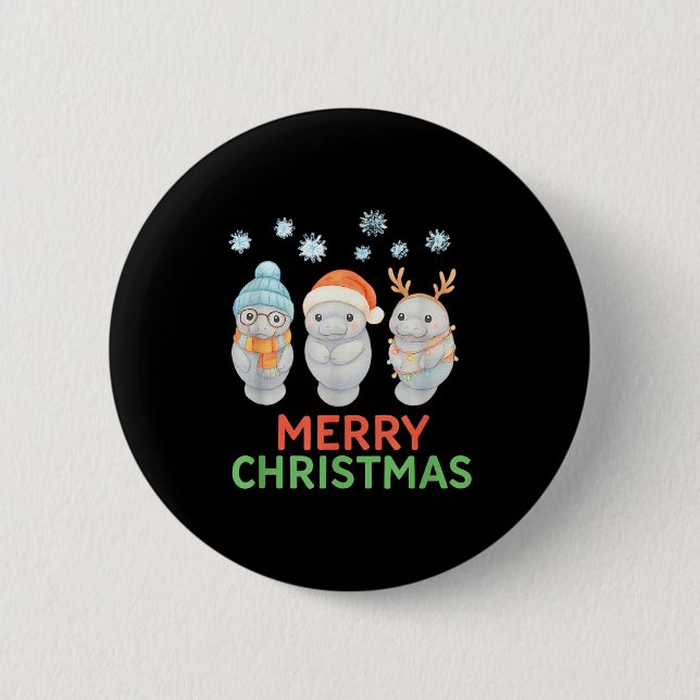 Cute Baby Manatee Santa Reindeer Christmas Manatee Button (Front)