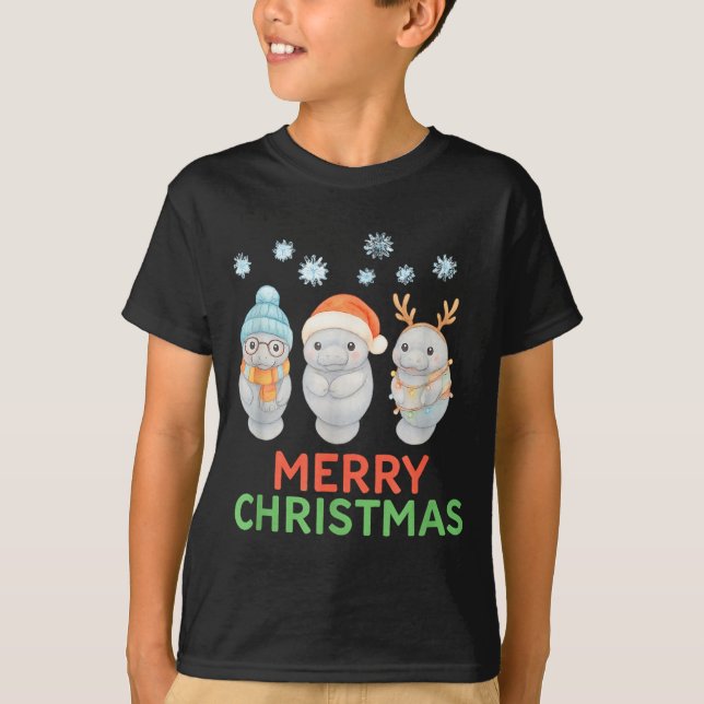 Cute Baby Manatee Santa Reindeer Christmas Manatee T-Shirt (Front)