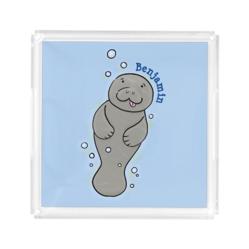 Cute baby manatee with bubbles illustration acrylic tray
