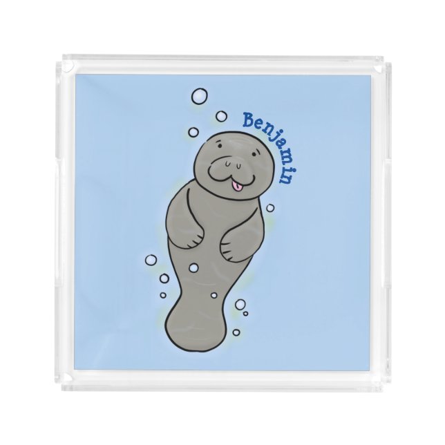 Cute baby manatee with bubbles illustration acrylic tray (Front)