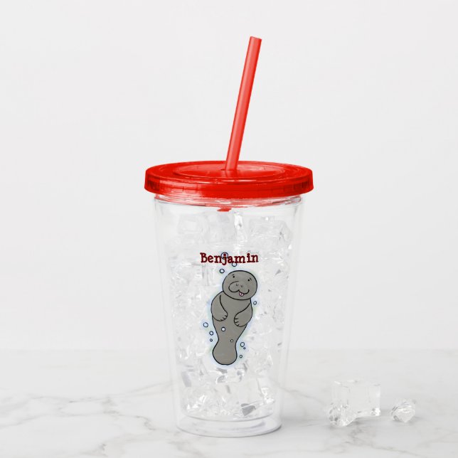 Cute baby manatee with bubbles illustration acrylic tumbler (Back Ice)