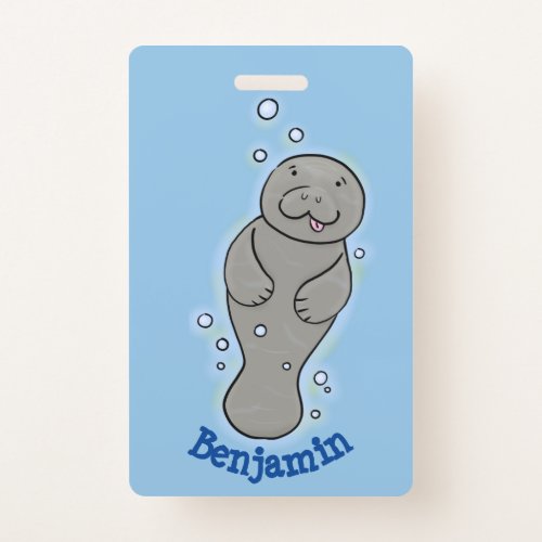 Cute baby manatee with bubbles illustration badge