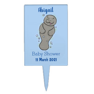 Cute baby manatee with bubbles illustration cake topper