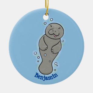 Cute baby manatee with bubbles illustration ceramic ornament