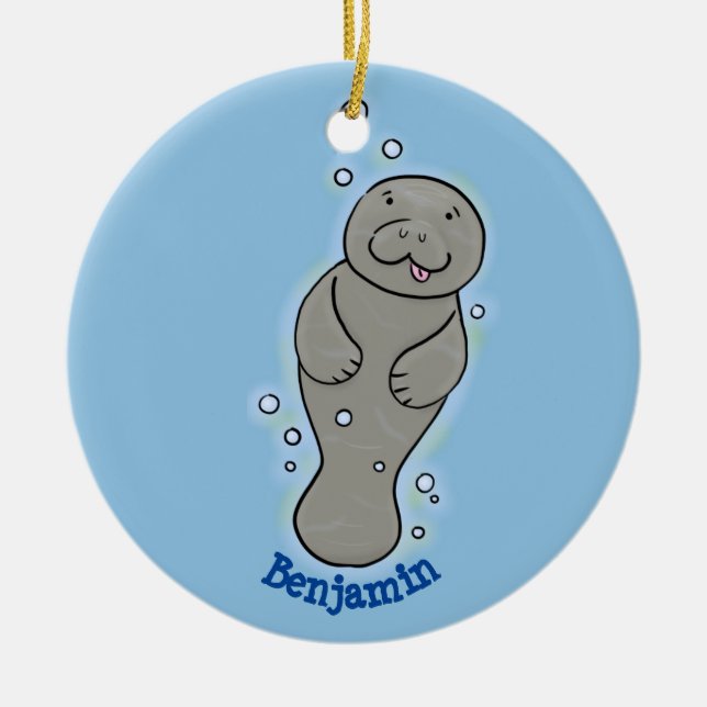 Cute baby manatee with bubbles illustration ceramic ornament (Front)