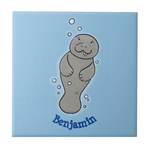 Cute baby manatee with bubbles illustration ceramic tile