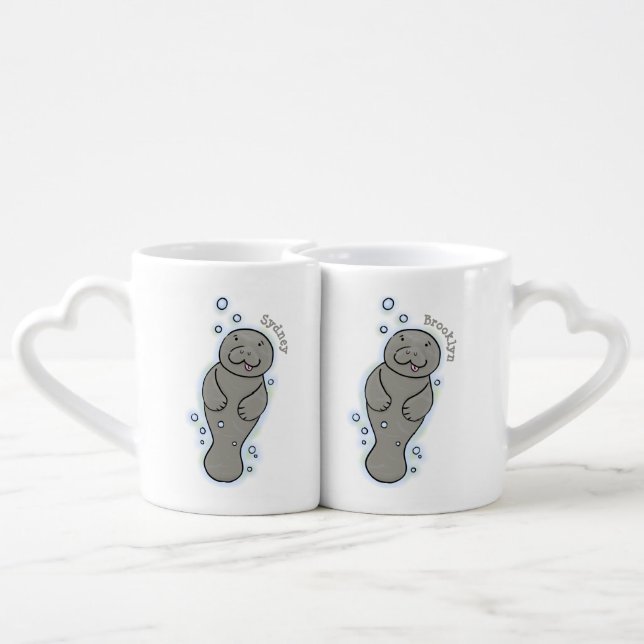 Cute baby manatee with bubbles illustration coffee mug set (Back Nesting)