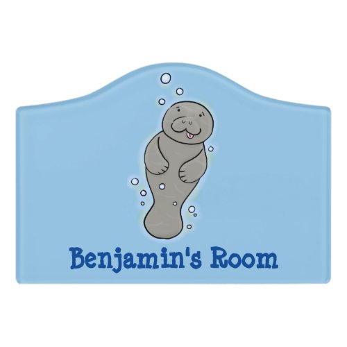 Cute baby manatee with bubbles illustration door sign
