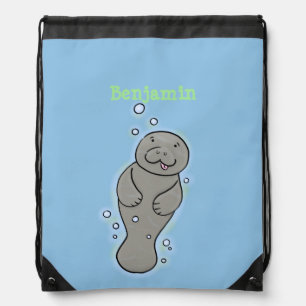 Cute baby manatee with bubbles illustration drawstring bag