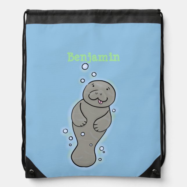 Cute baby manatee with bubbles illustration drawstring bag (Front)