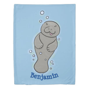 Cute baby manatee with bubbles illustration duvet cover