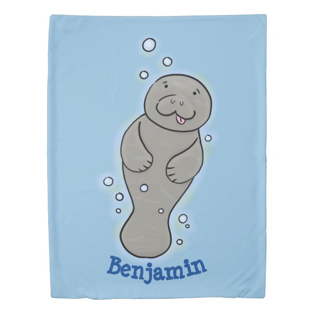 Cute baby manatee with bubbles illustration duvet cover (Front)