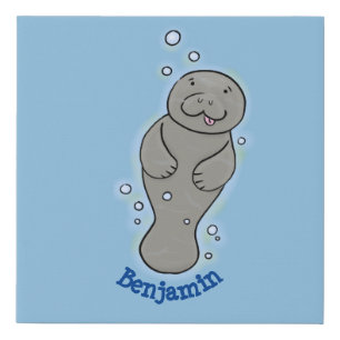 Cute baby manatee with bubbles illustration faux canvas print