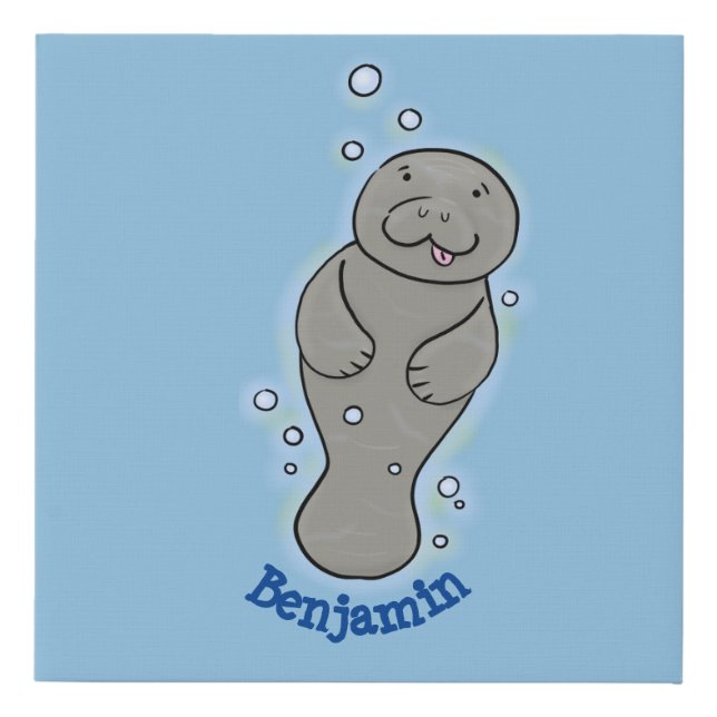 Cute baby manatee with bubbles illustration faux canvas print (Front)