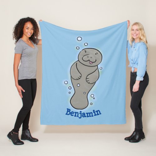 Cute baby manatee with bubbles illustration fleece blanket