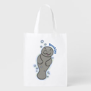 Cute baby manatee with bubbles illustration grocery bag