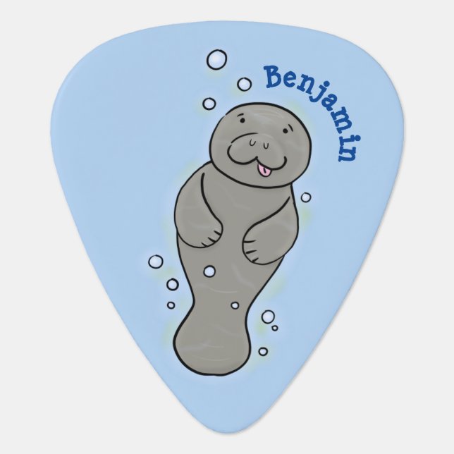 Cute baby manatee with bubbles illustration  guitar pick (Front)
