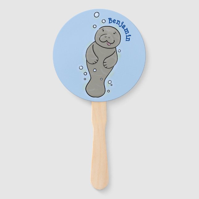 Cute baby manatee with bubbles illustration hand fan (Front)