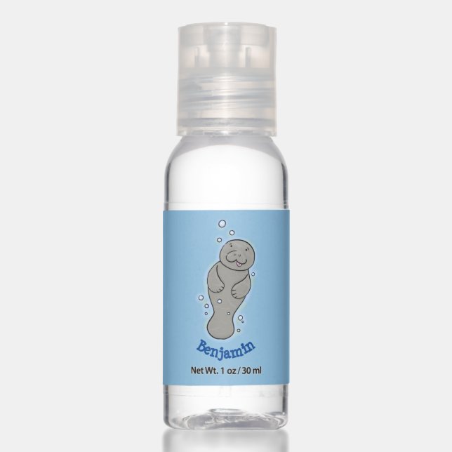 Cute baby manatee with bubbles illustration hand sanitizer (Front)
