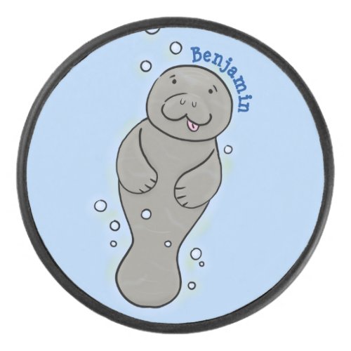 Cute baby manatee with bubbles illustration hockey puck
