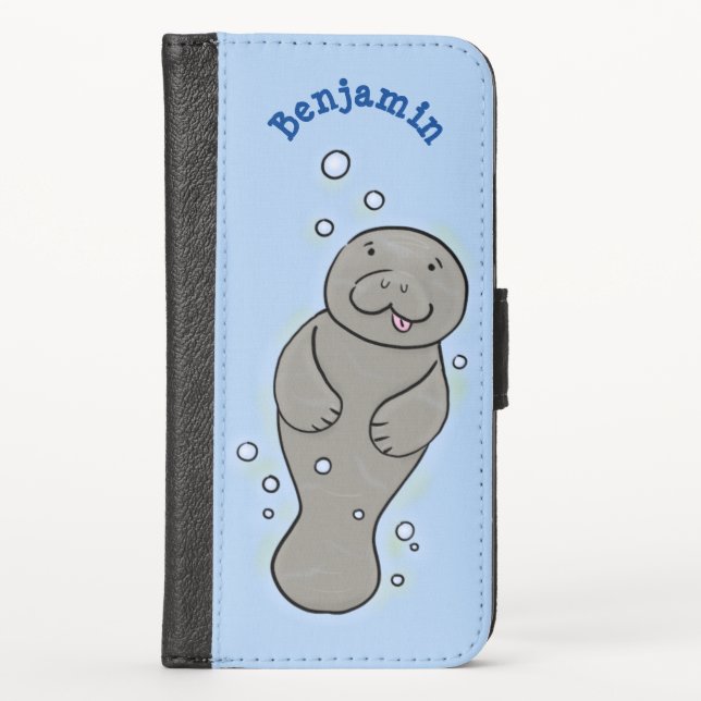 Cute baby manatee with bubbles illustration iPhone wallet case (Front)