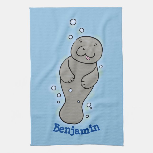 Cute baby manatee with bubbles illustration  kitchen towel (Vertical)
