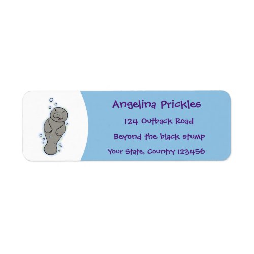 Cute baby manatee with bubbles illustration label