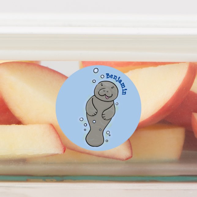 Cute baby manatee with bubbles illustration labels (Affixed)