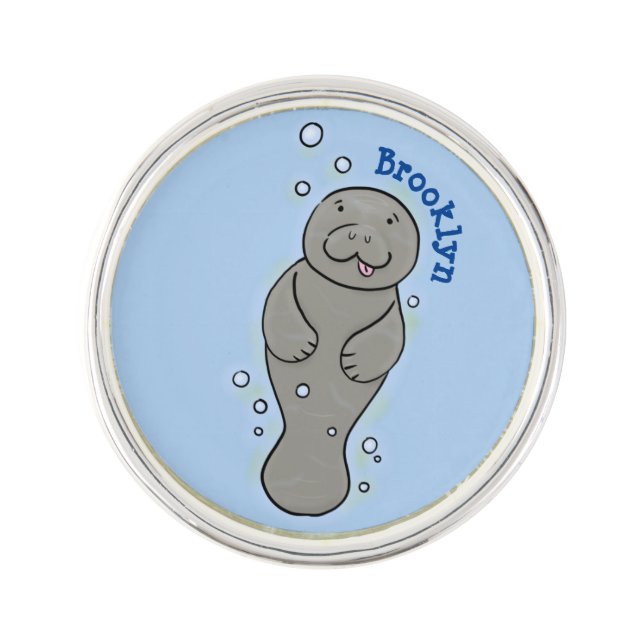 Cute baby manatee with bubbles illustration lapel pin (Front)