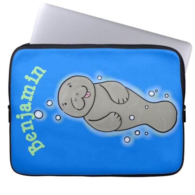 Cute baby manatee with bubbles illustration laptop sleeve (Front)