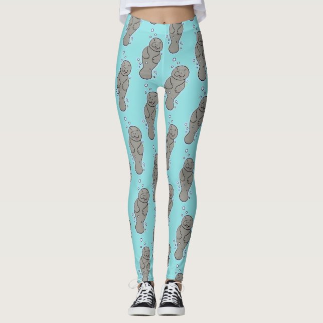 Cute baby manatee with bubbles illustration leggings (Front)