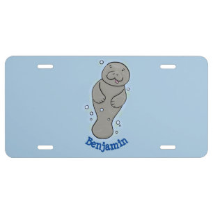 Cute baby manatee with bubbles illustration license plate