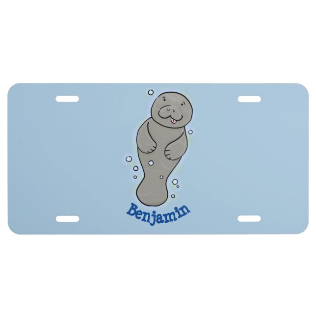 Cute baby manatee with bubbles illustration license plate (Front)