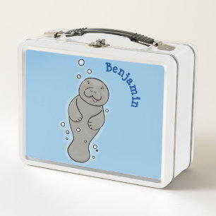 Cute baby manatee with bubbles illustration metal lunch box