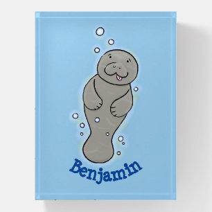 Cute baby manatee with bubbles illustration paperweight