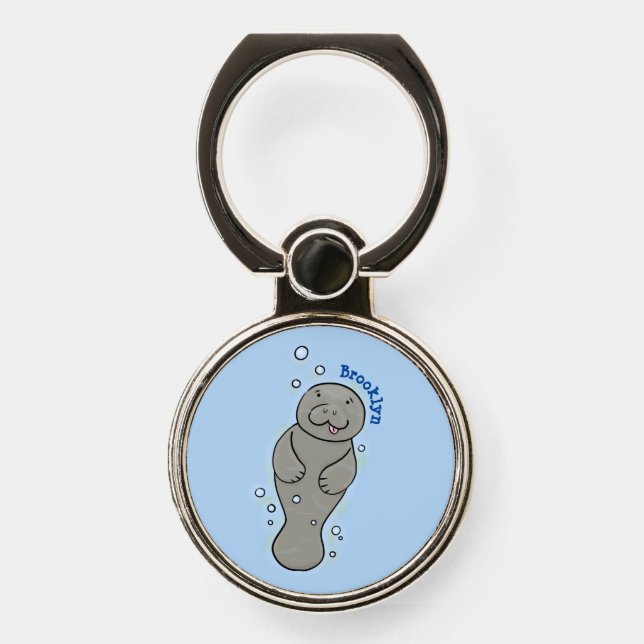 Cute baby manatee with bubbles illustration phone ring stand (Front)