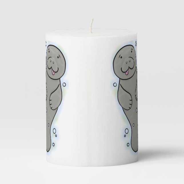 Cute baby manatee with bubbles illustration pillar candle (Back)