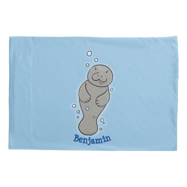Cute baby manatee with bubbles illustration pillow case (Back)
