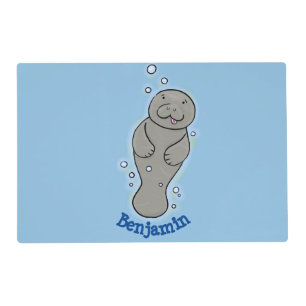 Cute baby manatee with bubbles illustration placemat