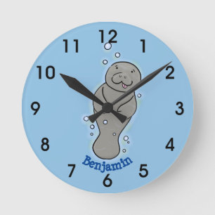 Cute baby manatee with bubbles illustration round clock